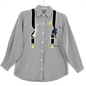 Looney Tunes Embroidered Long Sleeve‎ Plaid Shirt Sz XS Warner Bros Ladies